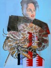 Agnes Lörincz<br><p class='title'>Frau mit Schlange</p>, 2013<br>Öl, Acryl, Stoff auf Leinwand<br> 200 x 150  cm